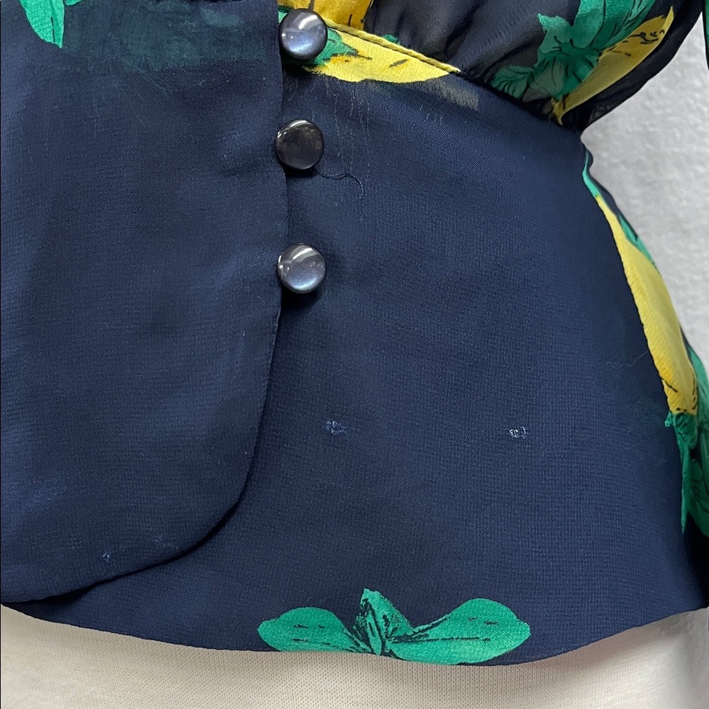 Navy Sheer Wrap Blouse with Lemon Pattern - Picture 3 of 6